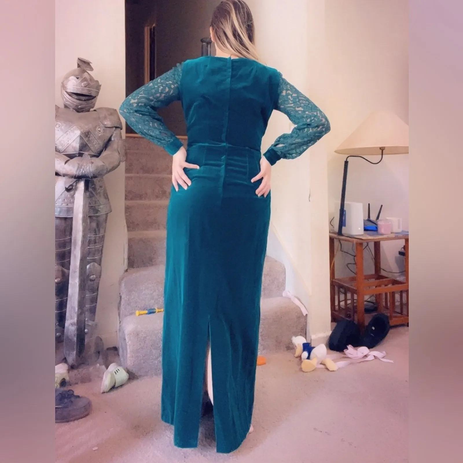 Handmade emerald Velvet Gown with Lace Sleeves Green Size M - Image 3
