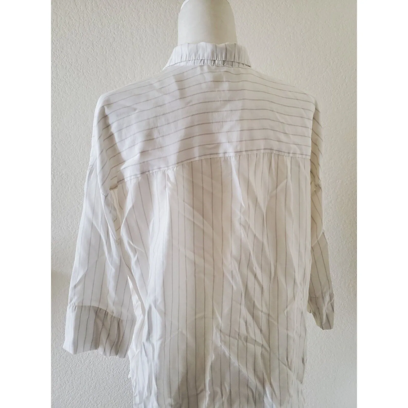 STRADIVARIUS Shirt Women Small White Striped 3/4 Sleeve Button High-Low - Image 3