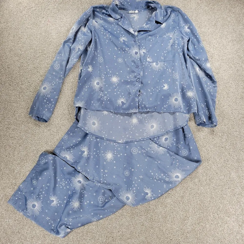 BP Celestial Pajamas Set Womens XS Blue White Sun Stars Moon Pants Button Top - Image 12