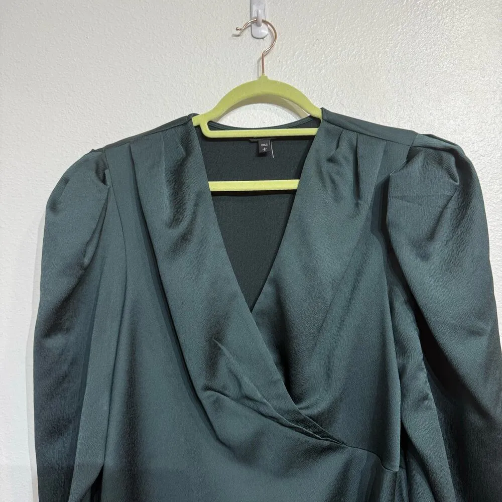 EXPRESS  Green Long Sleeve Faux Wrap Blouse Sz L - Image 3
