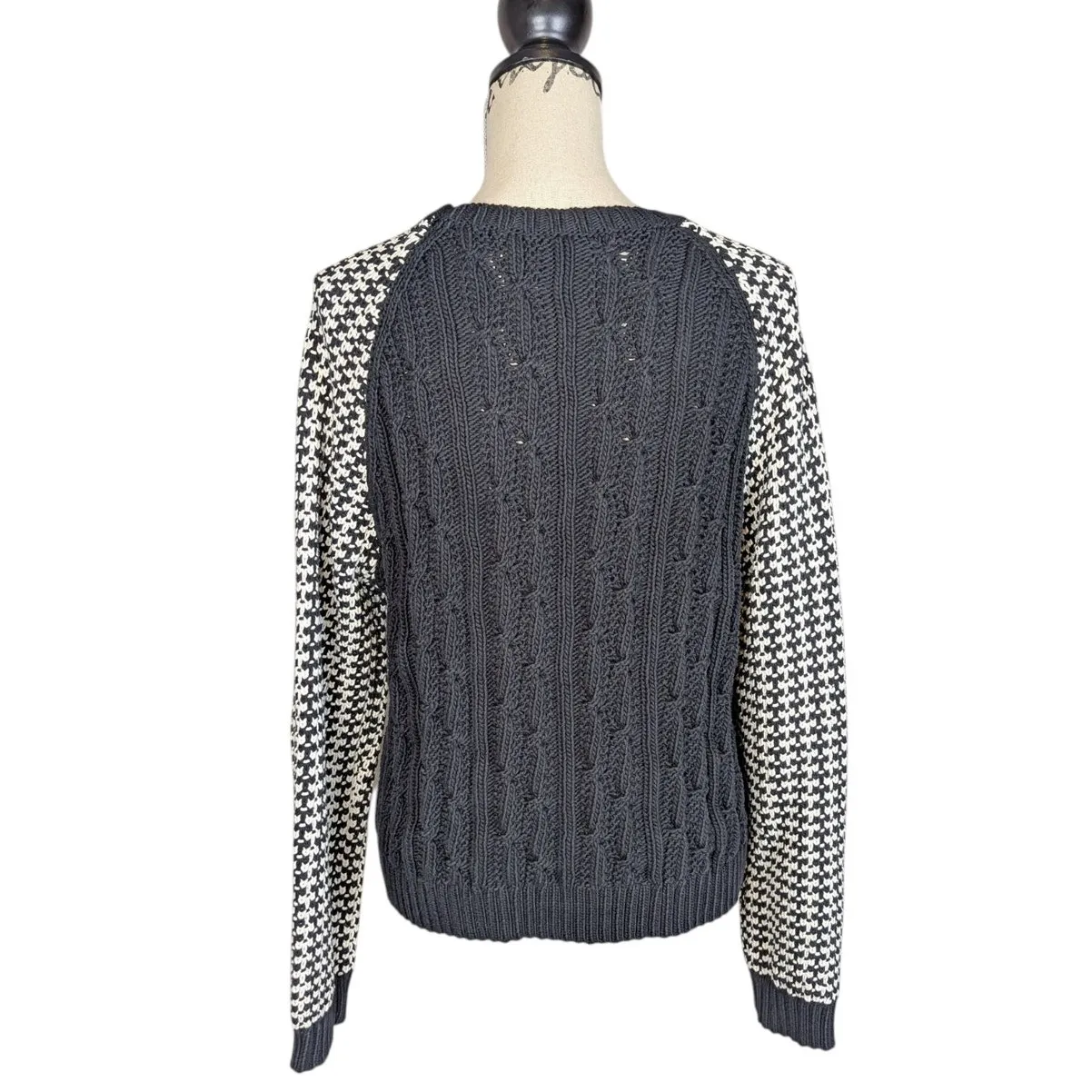 Miss Wu Mixed Knit Sweater Black & Ivory Houndstooth Cable Knit Size XL - Image 2