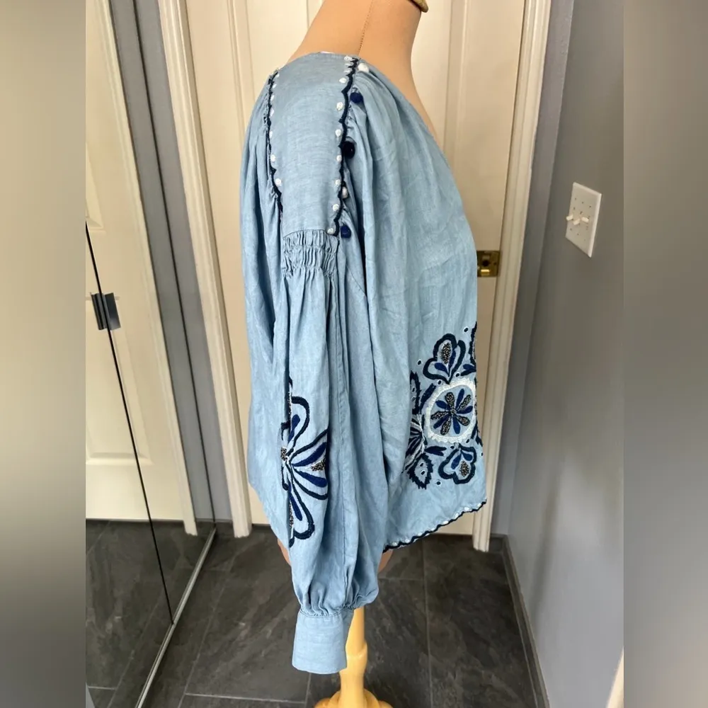 Zara Denimwear Chambray‎ Embroidered Pom Pom Peasant Boho Oversize Top - Image 6