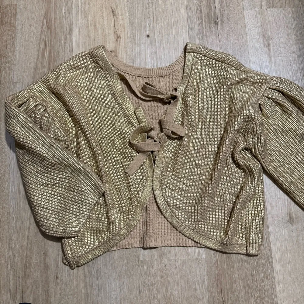 Kika Vargas Chunky Knit Sweater Sweater Metallic Back Tie‎ Gold Metallic 2X - Image 6