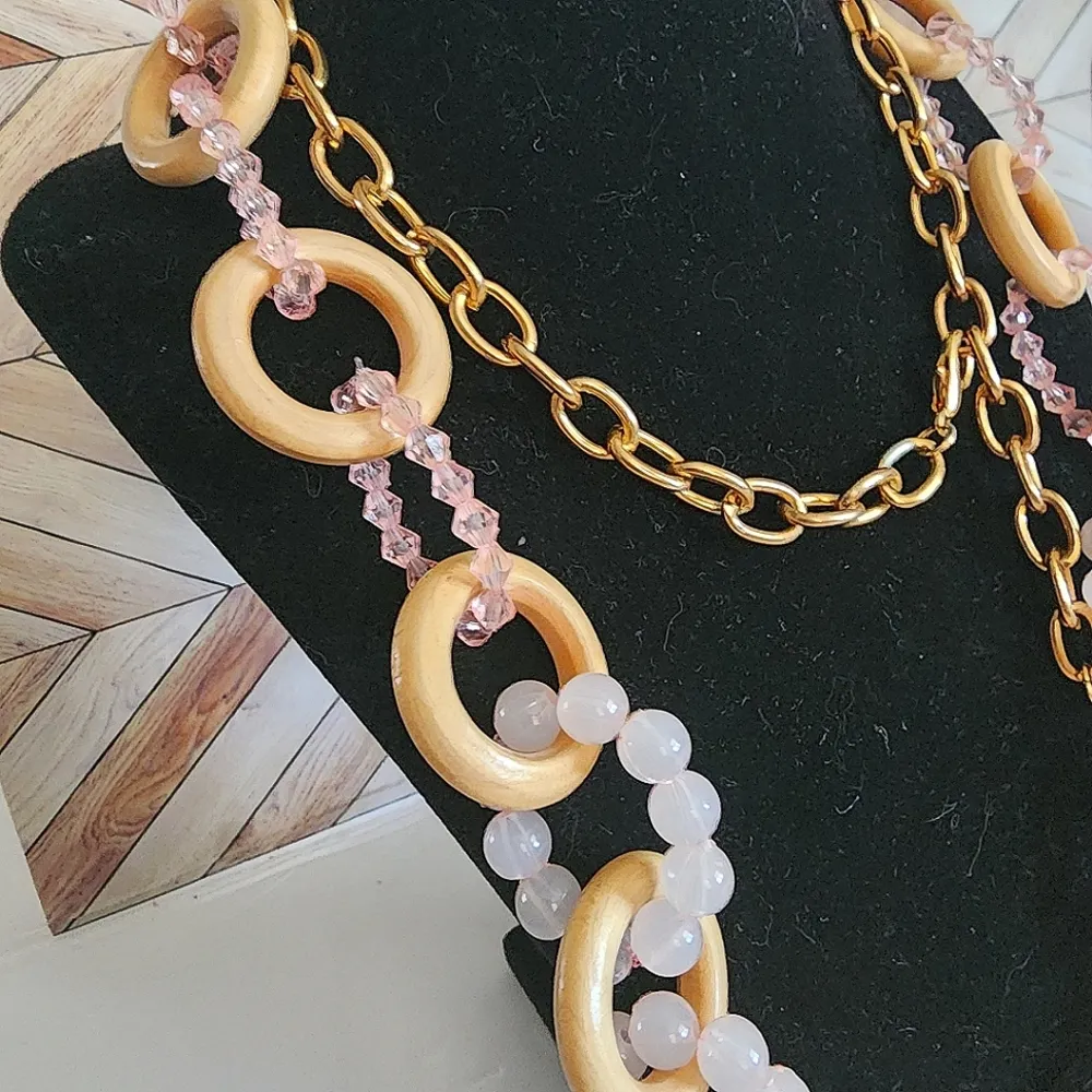 Long Sweater Necklace Wood and light Pink Acrylic Necklace Matching Earrings Set - Image 3