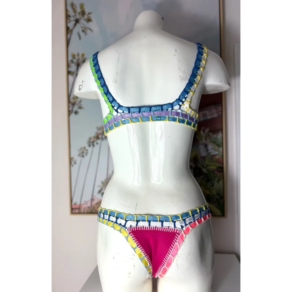Women’s Multicolor Crochet Trim Triangle Bikini Set Swimsuit Size Small Pink - Image 7