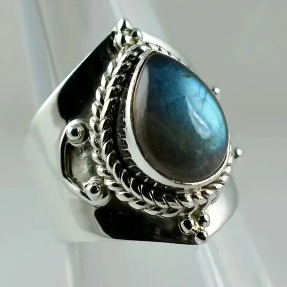 Gemstone Labradorite Pearl Shape Silvery Rings Size 6 Blue - Image 8