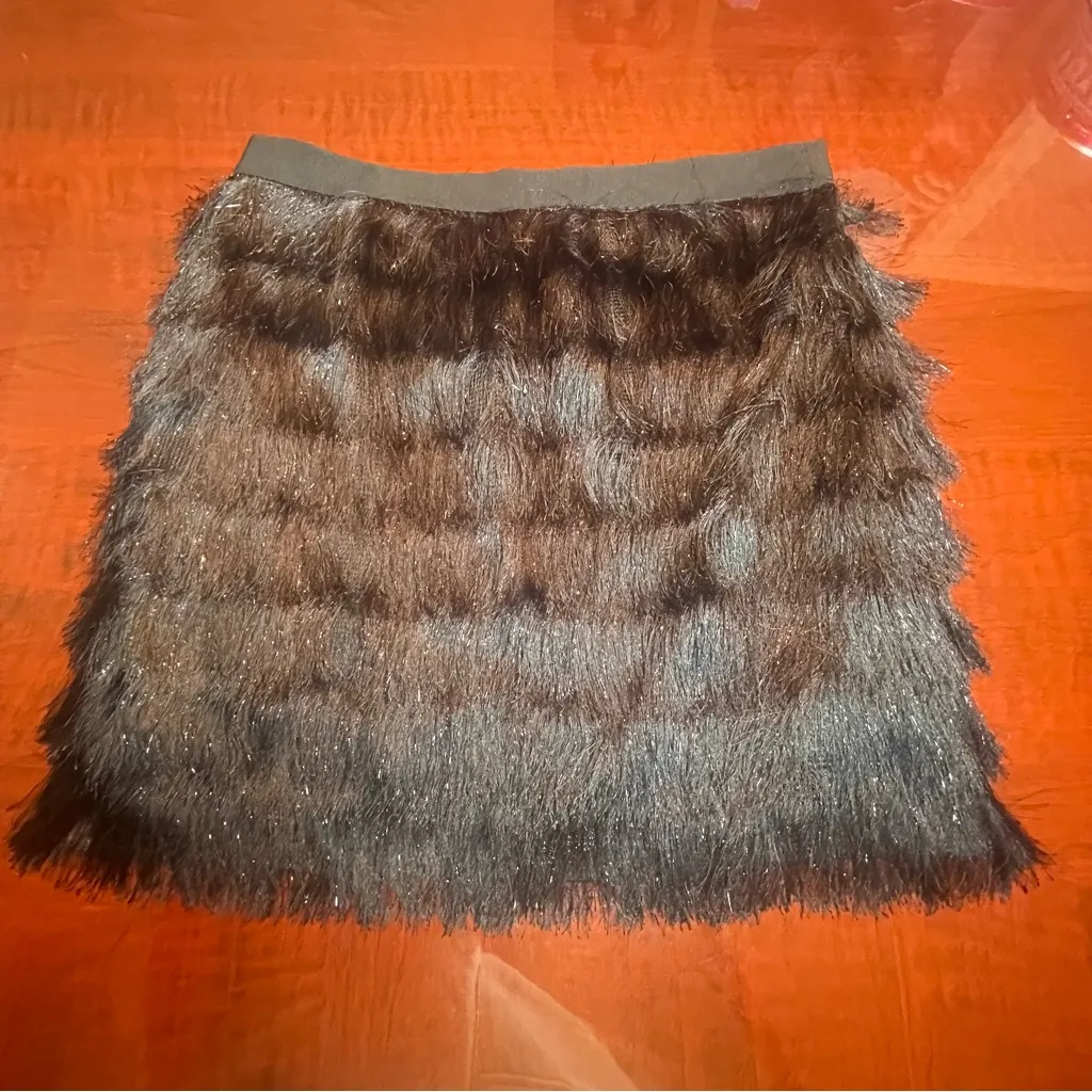 BCBGMAXAZRIA Fringe Mini Skirt Black metallic threads fairy whimsical goth Sz L - Image 4