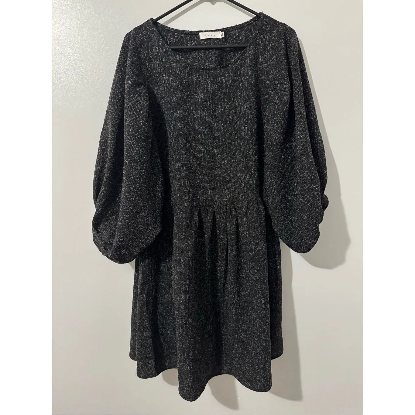 LUXE Women's Charcoal Black Voluminous Gathered Waist Balloon Sleeve Dress‎ sz M - Image 2