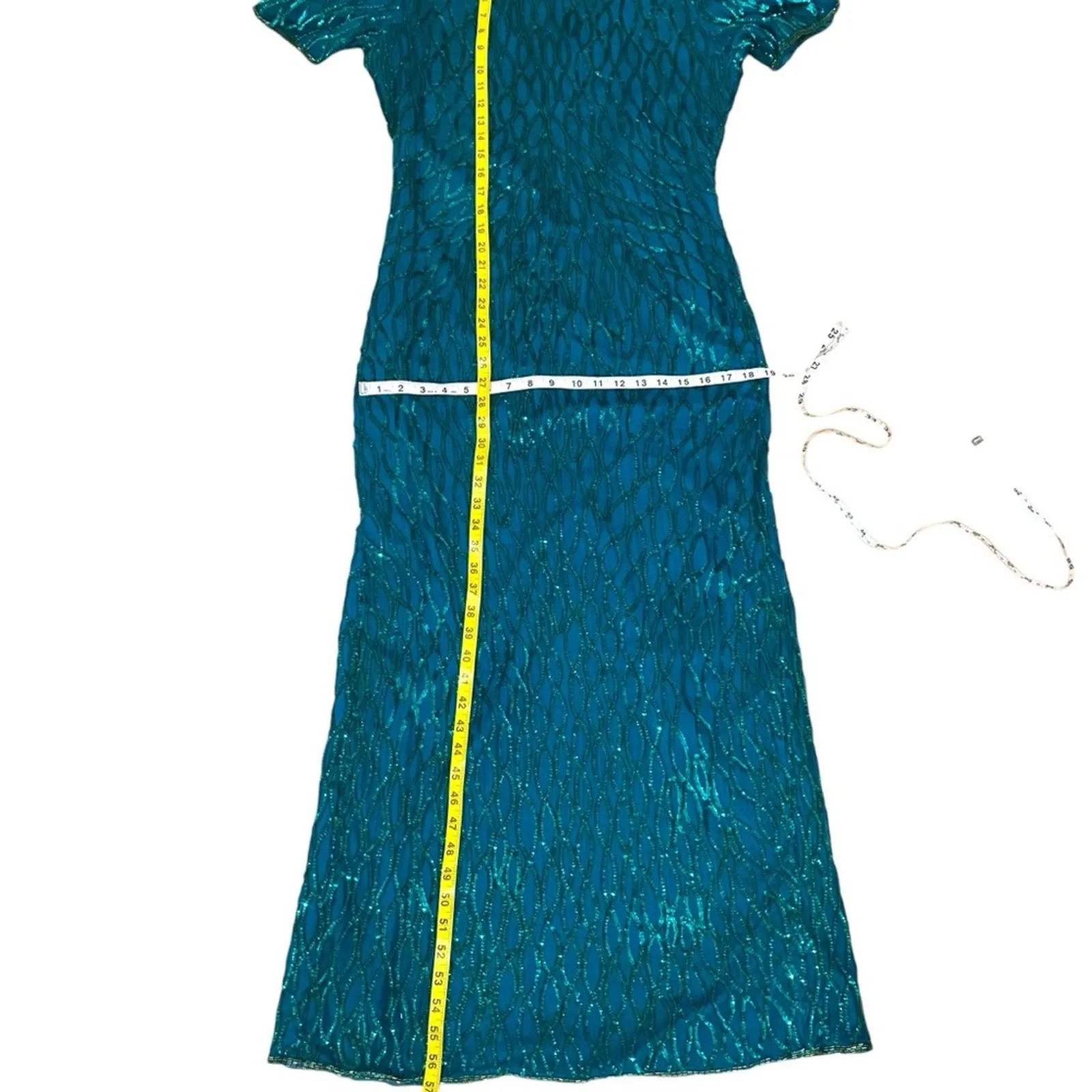 Vintage Womens Formal Dress Large Silk Sequin Long Maxi MCM Prom 20s Occasion Green Size M - Image 11