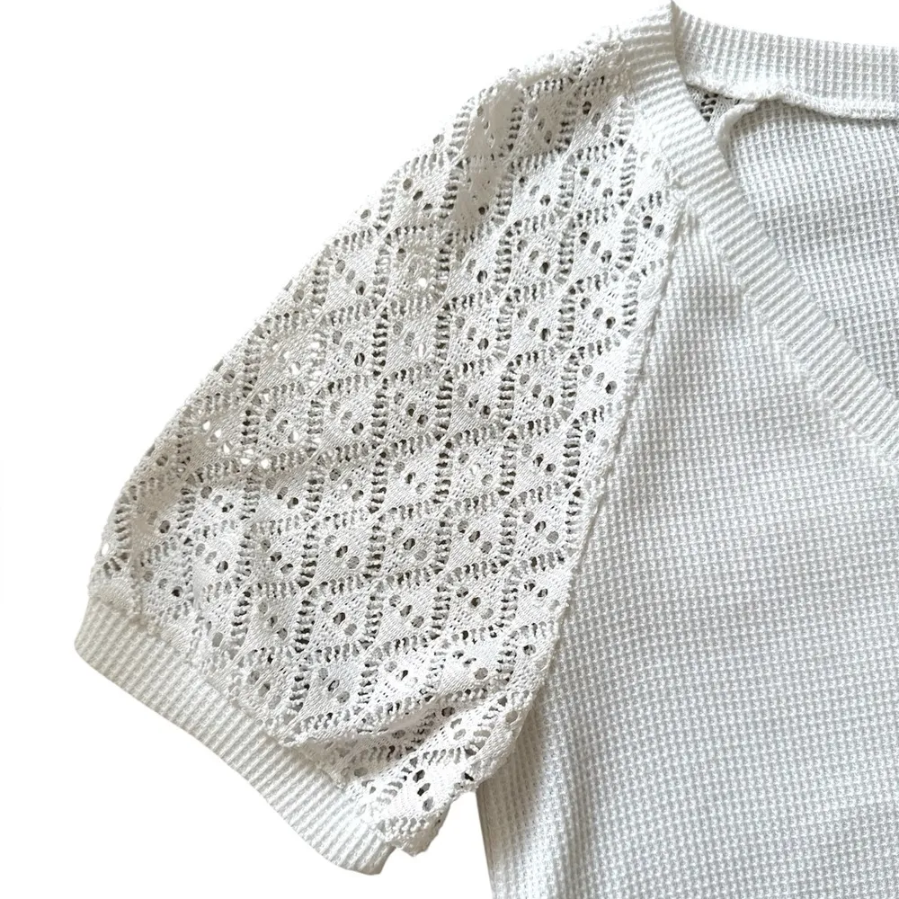 MEROKEETY Waffle Knit Lace Sleeve Top - Image 4