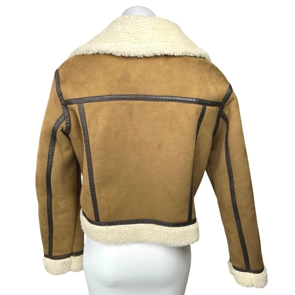 Zara Brown Vegan Faux Suede Leather Sherpa Shearling Zip Up Moto Coat Jacket S - Image 2