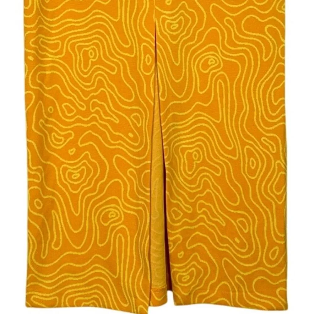 ZARA Abstract Printed Keyhole Cutout Tie High Waist Midi Skirt M Orange Yellow - Image 9