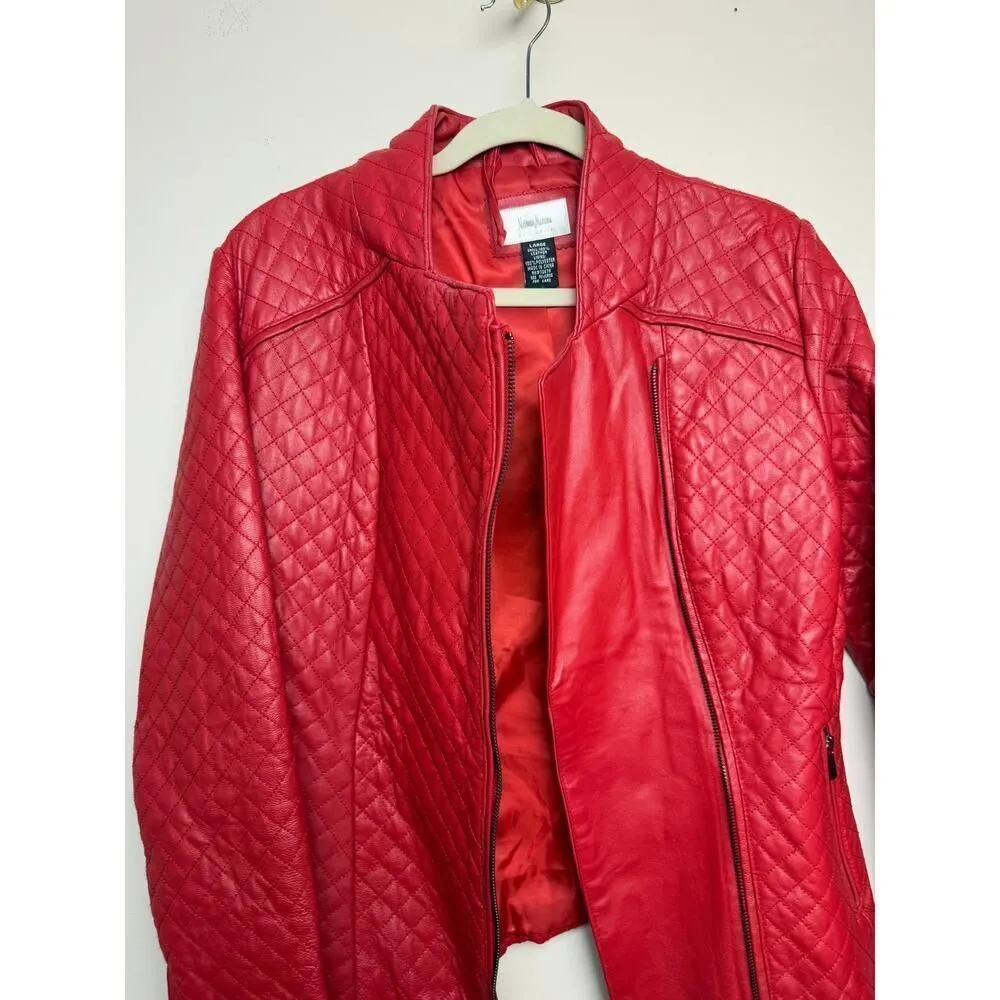 Neiman Marcus Red Quilted Leather Jacket Sz. L - Image 3