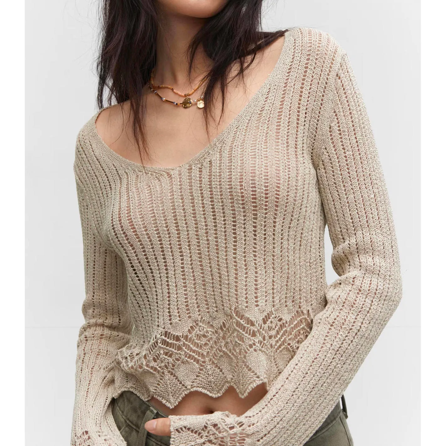 Mango Cotton Blend Open Work-Detail Sweater with Lace Detail Design NWT XS - Image 8