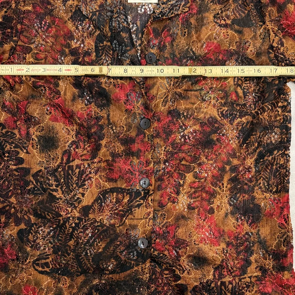 boho floral burnout lace blouse sheer button-front top autumn rust/black/red - Image 6