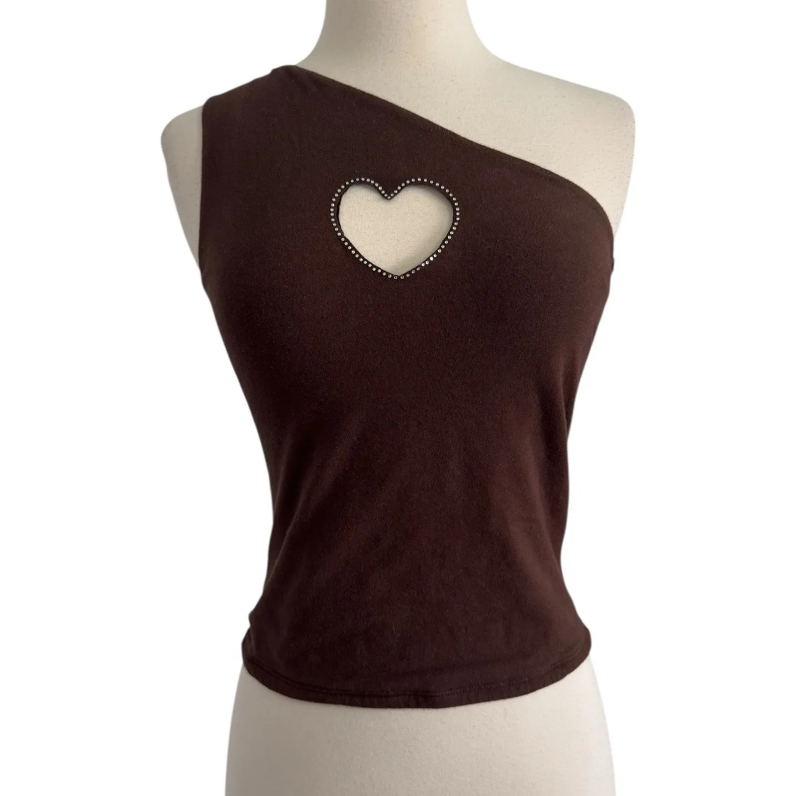 Y2K HOLLISTER Heart Rhinestone Cut Out One Shoulder Tank Top Chocolate Brown S - Image 2