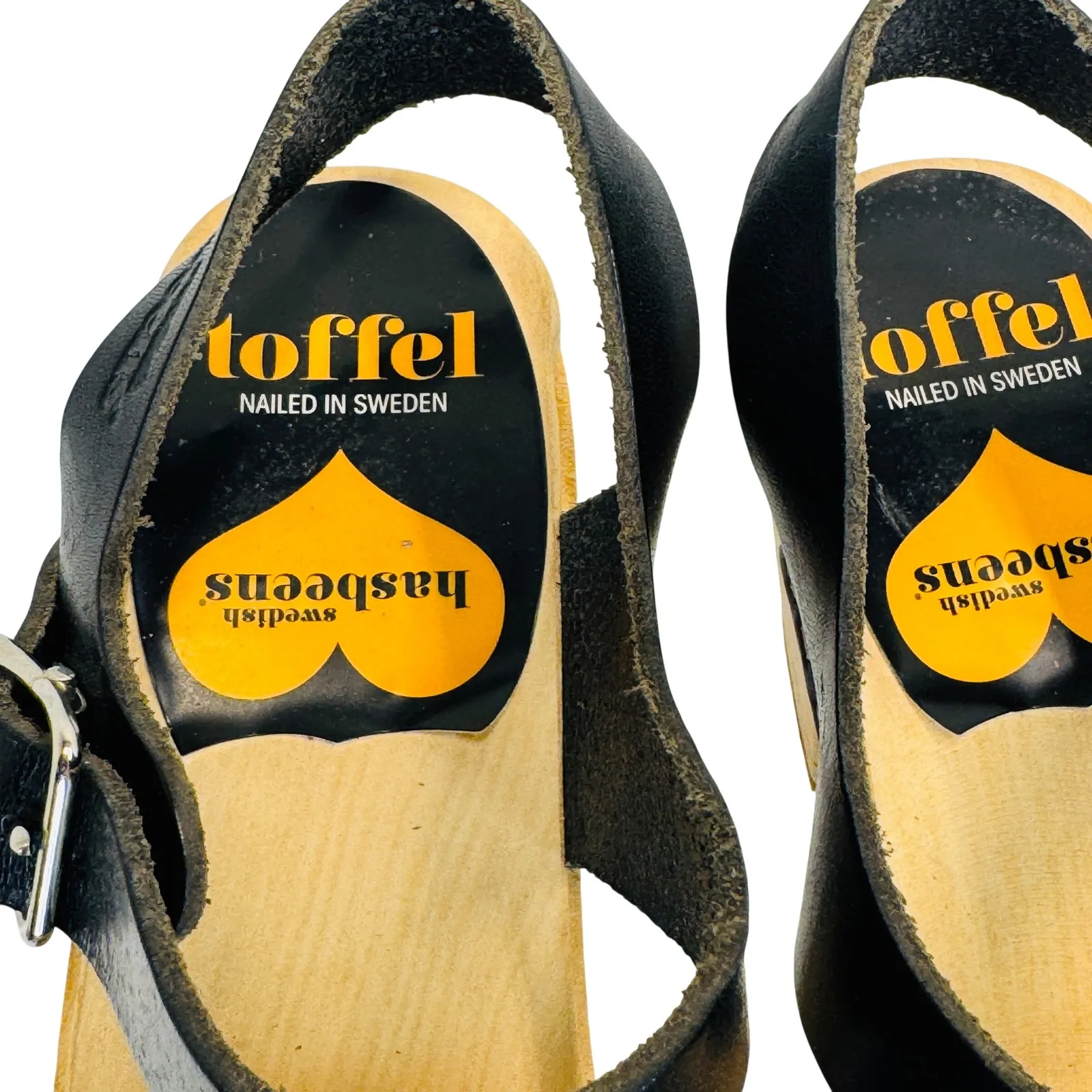 Swedish Hasbeens Toffel Black Leather Clog Sandals EU36 Wood Heel Sweden Size 5.5 - Image 9