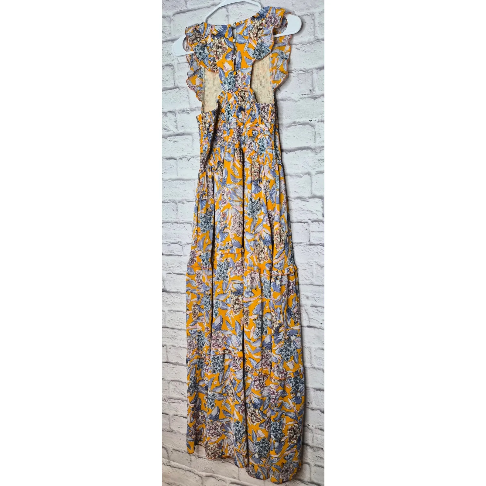 Melloday Floral Maxi Dress Size M Orange Smocked Bodice Flutter Sleeve Tiered. - Image 3