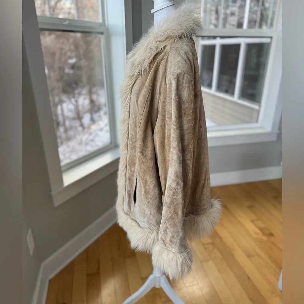 Vintage Avenue Genuine Suede Leather Faux Fur Trim Penny Lane Coat Jacket Sz XL Tan - Image 3