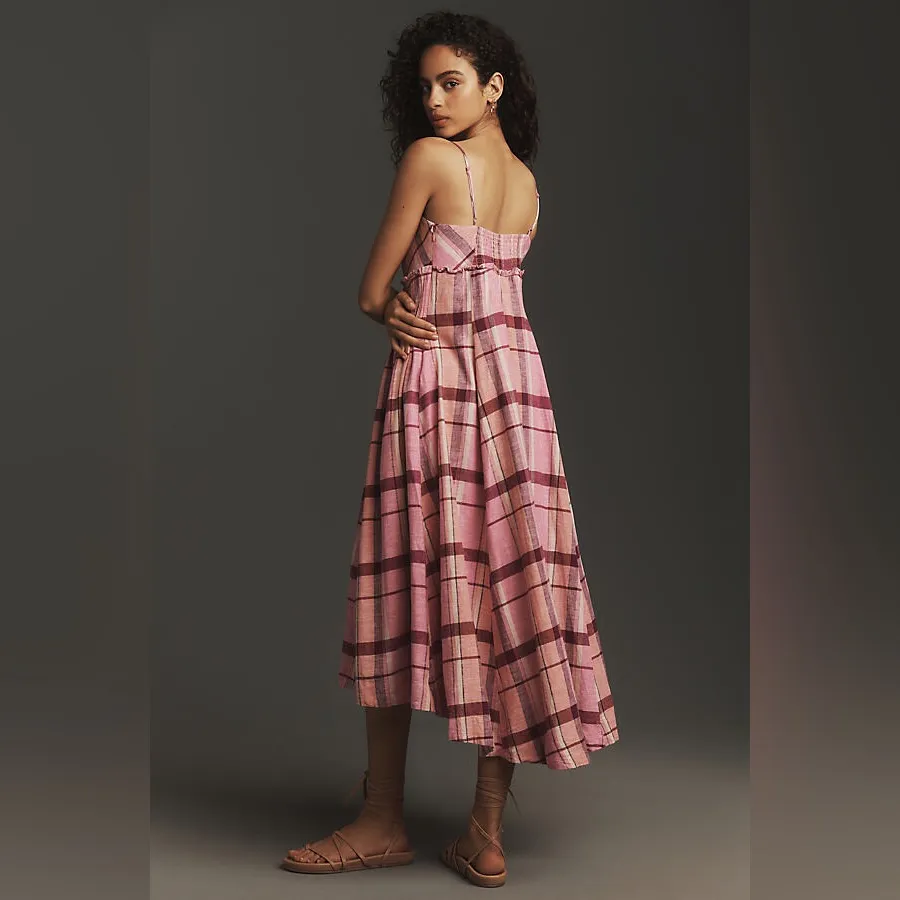 NWT Maeve Linen Blend Pleated Waist Hanky Hem Midi Dress Pink Plaid Medium - Image 4
