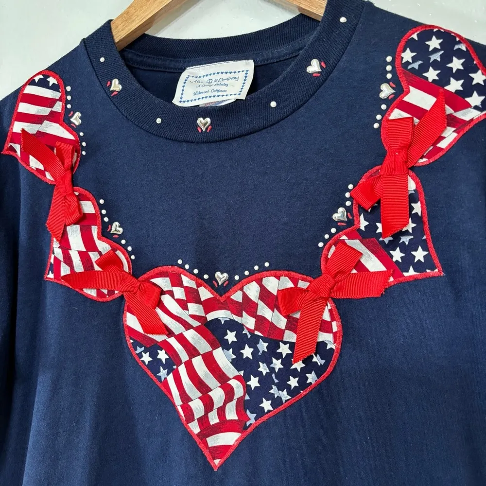 Vintage Jerzees Navy T-Shirt with American Flag Heart Design Size M 4th of July - Image 2