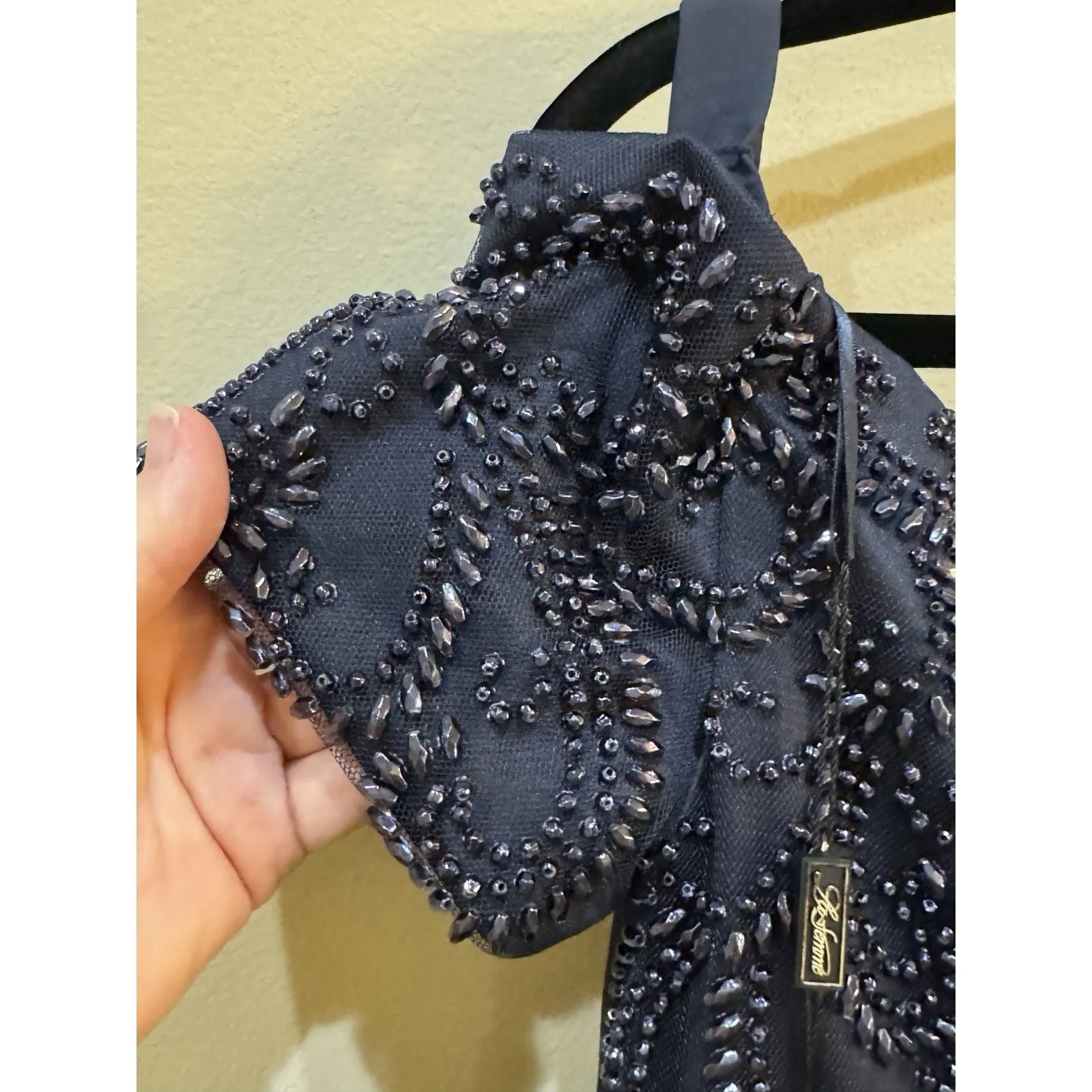 New La Femme Navy Beaded Off‎ the Shoulder Sweetheart Ruched Satin Mermaid Gown - Image 9