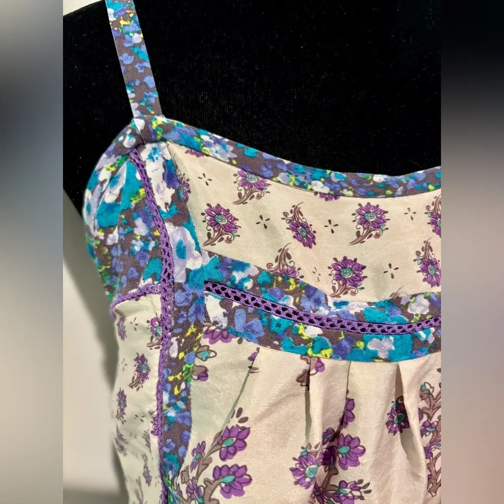 REBECCA TAYLOR Boho Silk Purple Floral Crochet Detail Sleeveless Tank Top 2 - Image 5