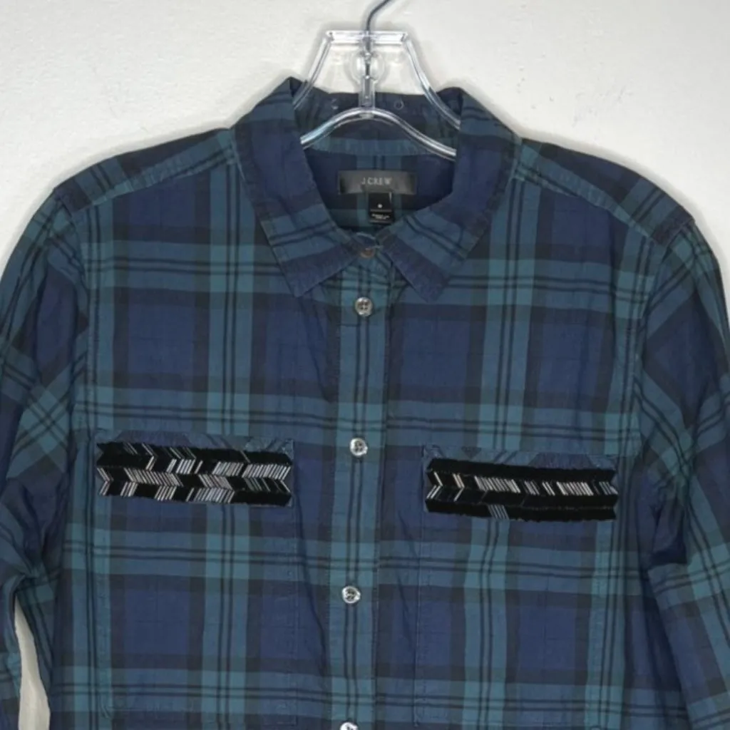 J Crew Shirt Womens 8 Blue Green Plaid Popover‎ Top Beaded Chevron Casual Preppy - Image 4