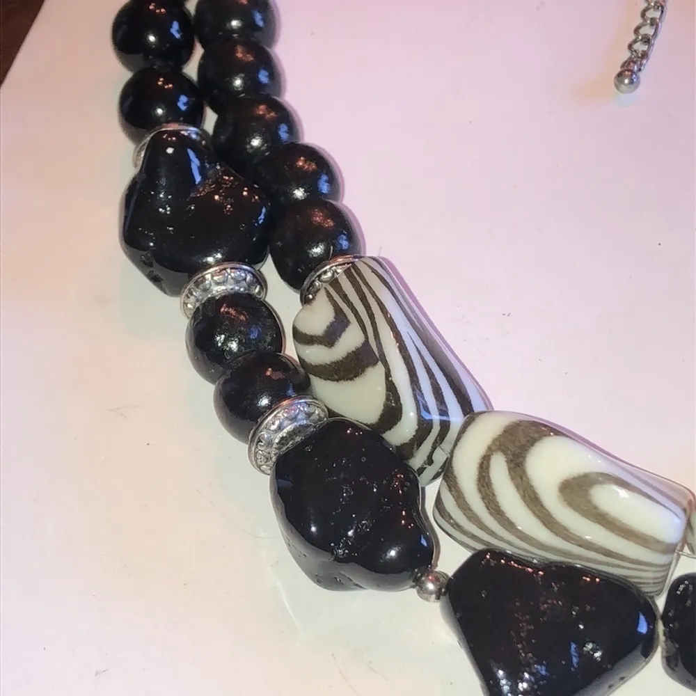 Black & White Zebra Stripes Beaded Double Strand Boho Necklace - Image 4