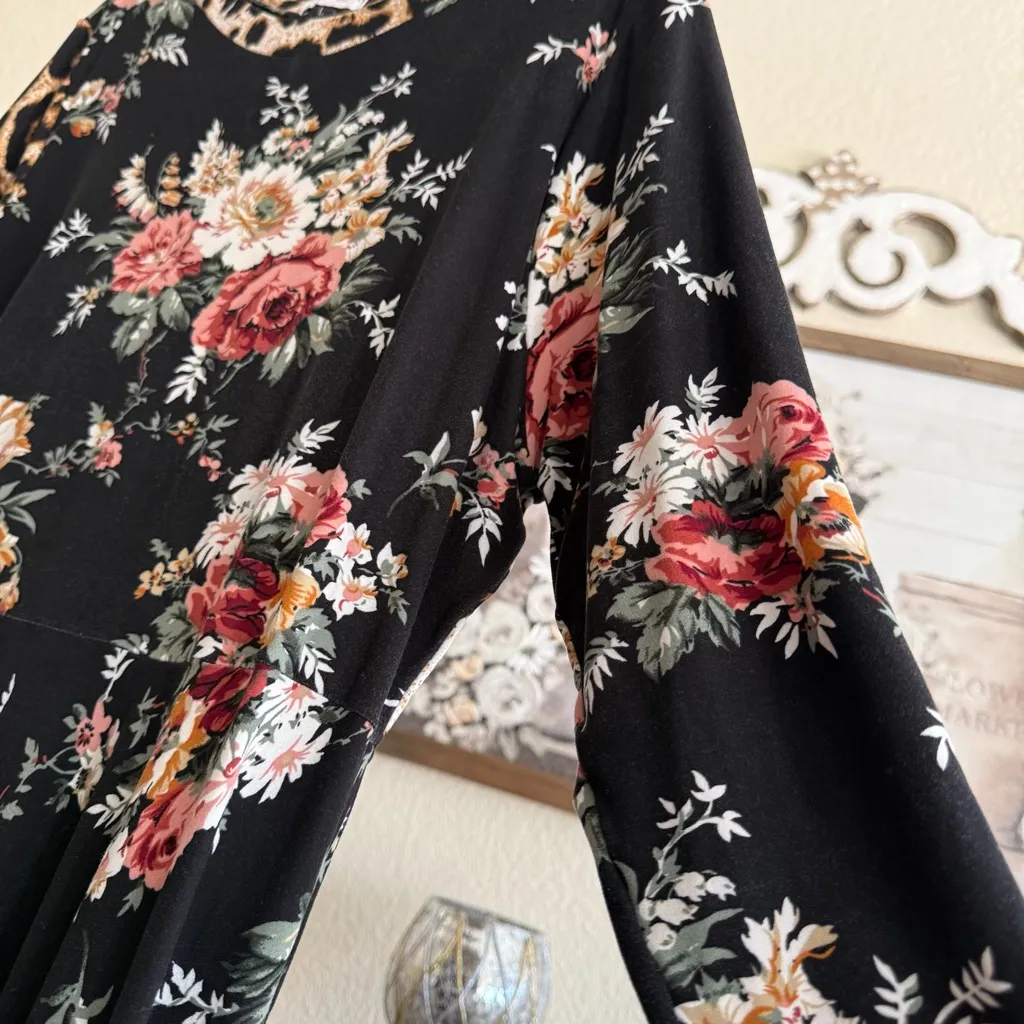 Black Floral Maxi Dress Leopard Trim Long Sleeve Soft Stretch Fall Boho Style L Size L - Image 5