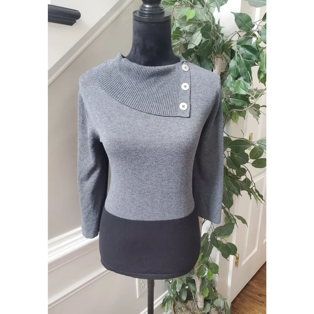 Investments Women's Grey & Black Rayon Crew Neck Long Sleeve Top Blouse Medium - Image 10