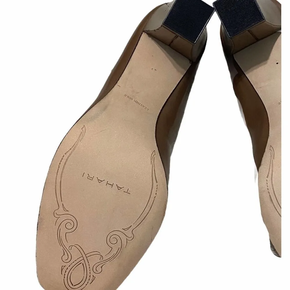 Tahari Bennett Bennett Peep Toe Block Heel Gold Metal Detail Leather Pumps Tan 9 - Image 11