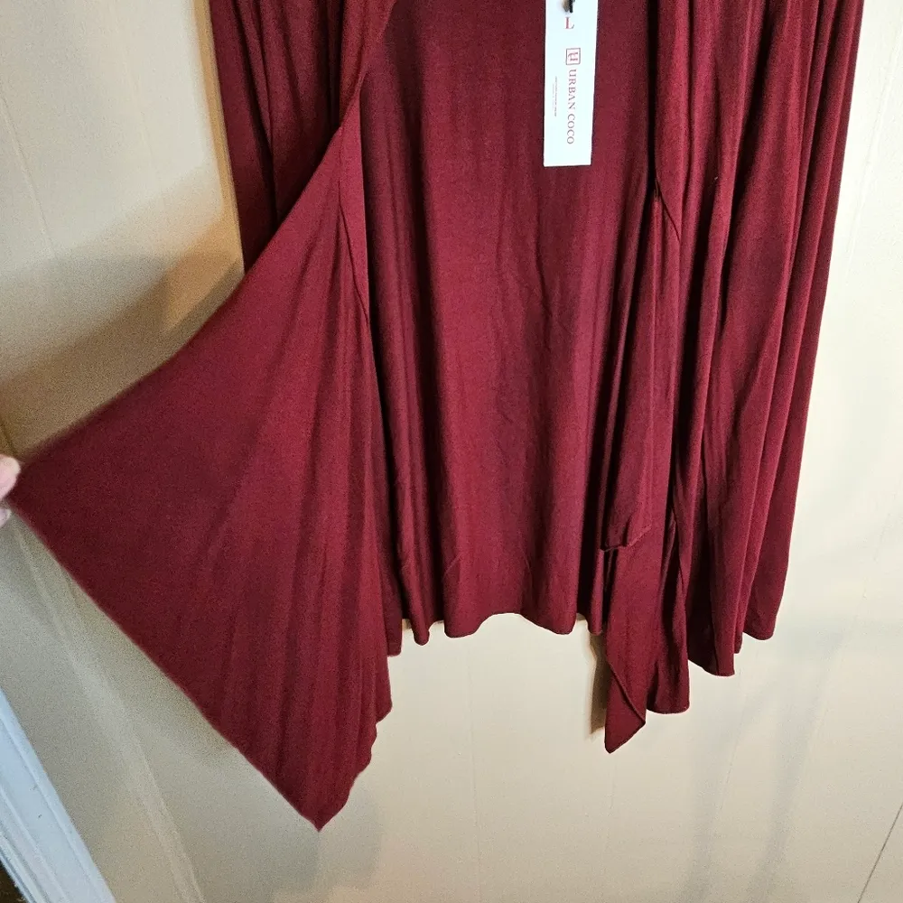 Urban Coco Wine Red Light Weight Long Sleeve Irregular Hem Cardigan - Image 6