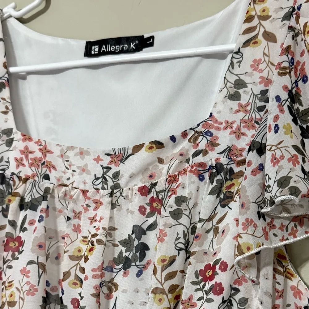 Allegra K sz large Floral chiffon flutter sleeve Ruffle hem dress elastic waist - Image 3