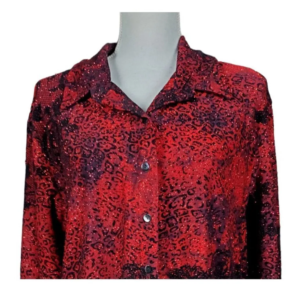 Vintage Chico's Tunic Size XL Red Black Animal Print Long Sleeve Sparkle Artsy - Image 4