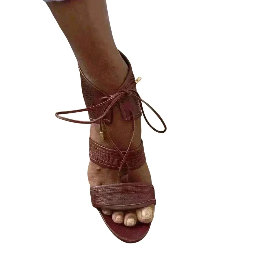 Derek Lam Burgundy Leather Perforated Lace Up Wedge Sandals Made in Italy Size 9 - Image 3