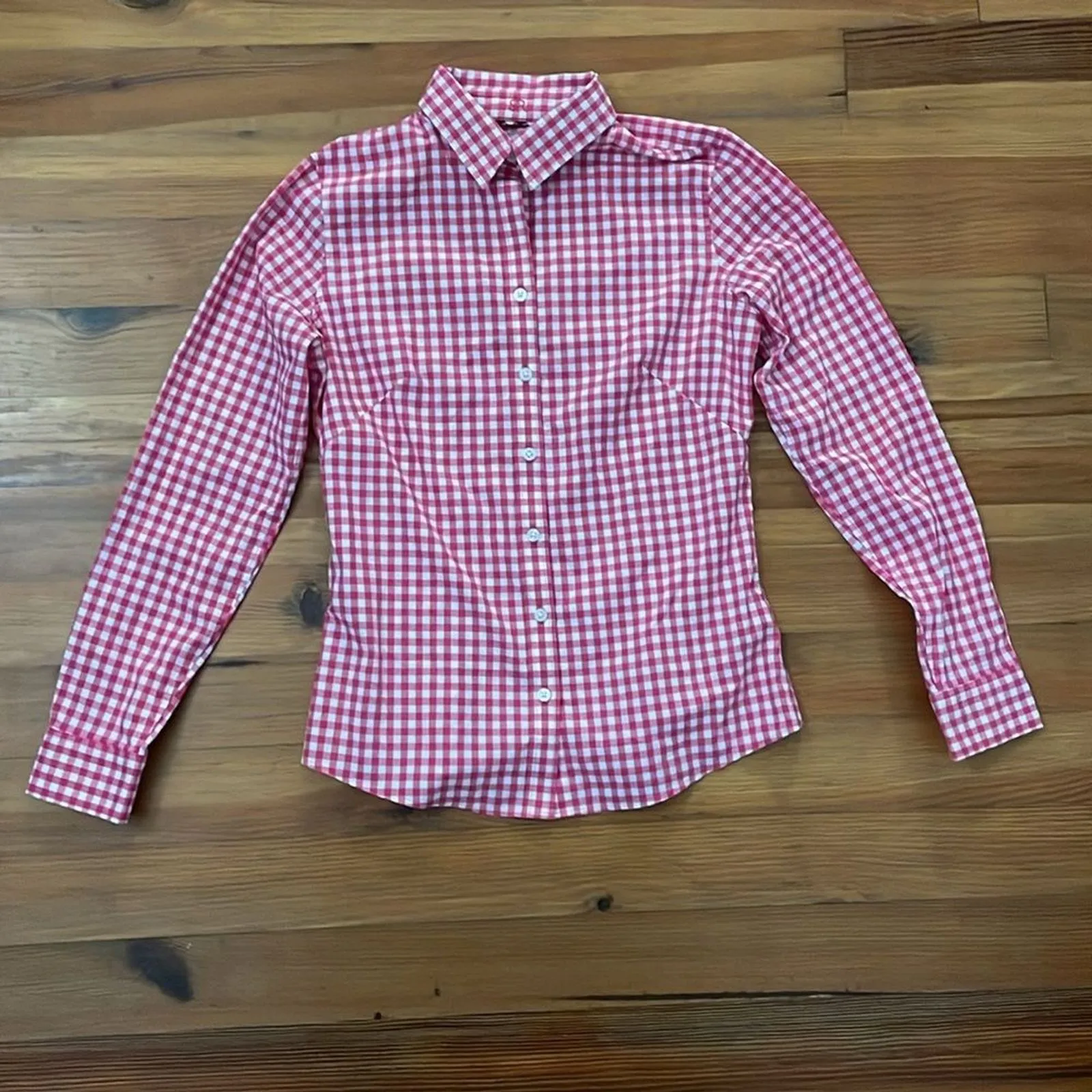 Banana Republic Pink Gingham Non-Iron Fitted Button Up Shirt Womens Size 6 - Image 3