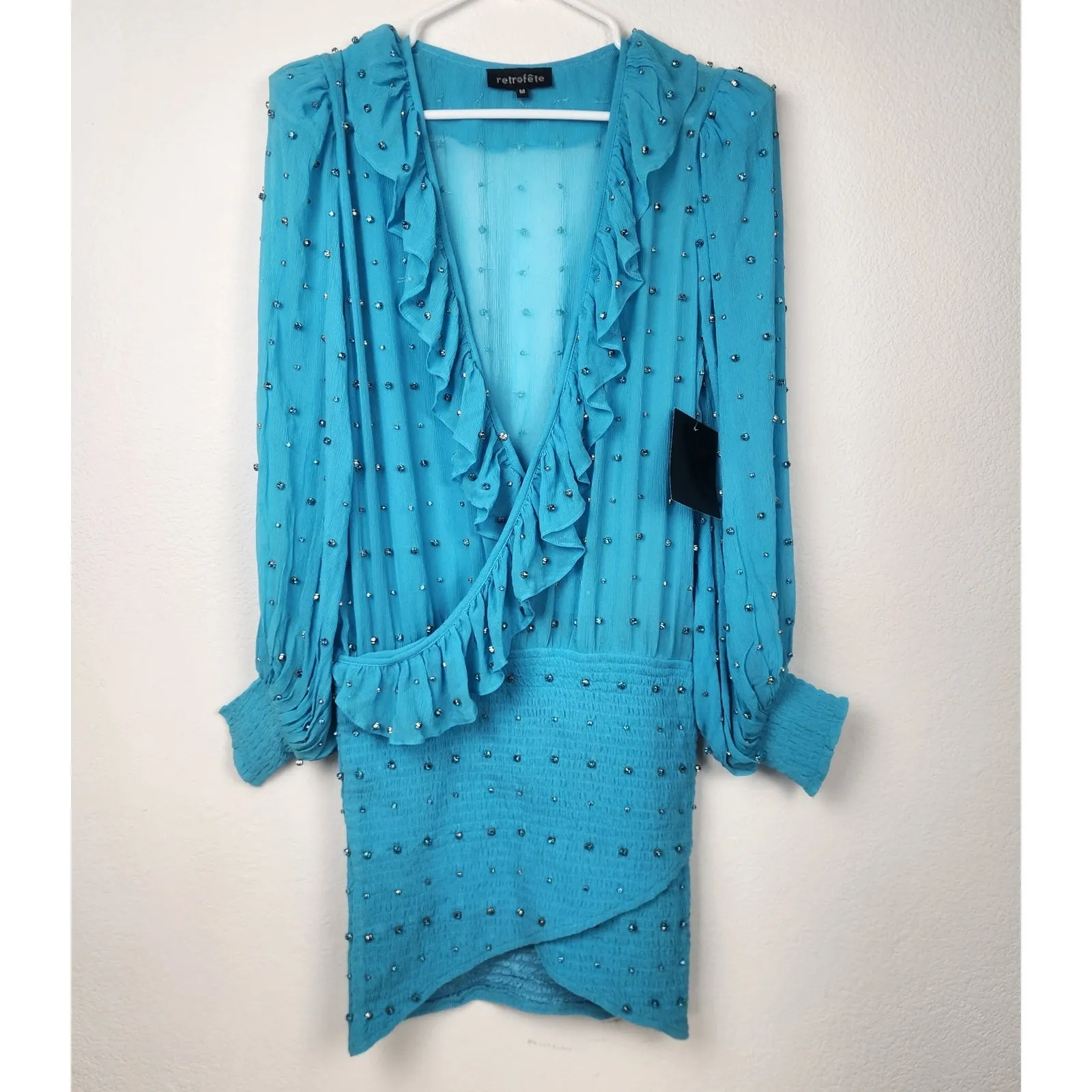 Retrofete Lennon Embellished Silk Chiffon Dress in Blue Size Medium NWOT V Neck - Image 2