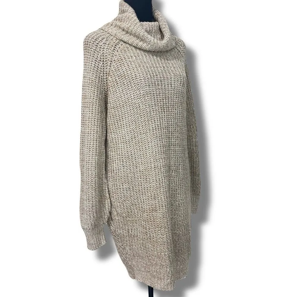 Cowl Turtleneck Long Tunic Sweater Women’s Large Tan Oatmeal - Image 5