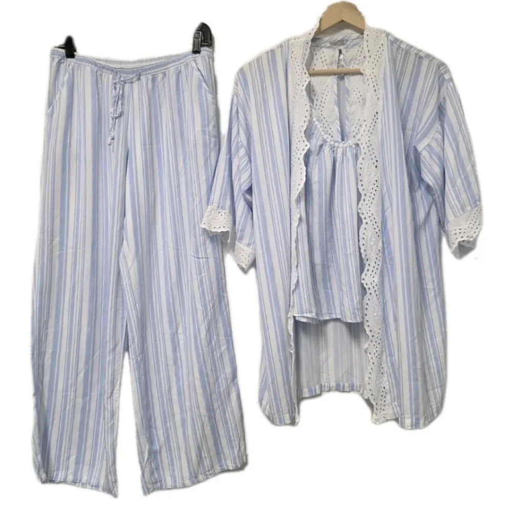In Bloom 3 Pcs Pajamas By Jonquil Eyelet Lace Trim Blue White Stripe Feminine - Image 2