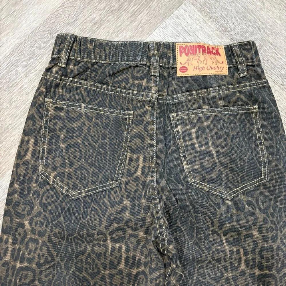 Y2k Leopard Pants Women High Waisted Cheetah Print Lightweight Jeans Size S Black - Image 6
