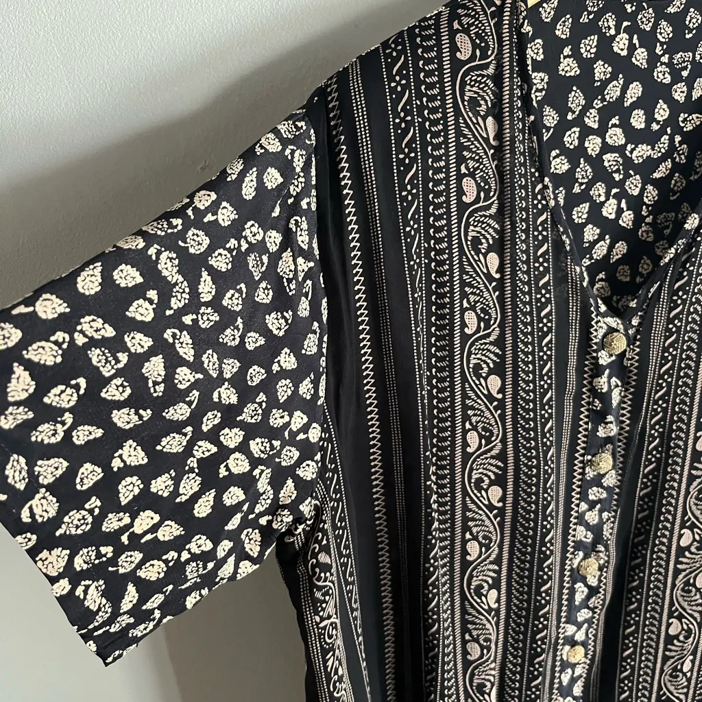 Vintage Boho Mixed Print Button Down Top Blouse Ethnic Border, Indie Folk Shirt Black Size 1X - Image 3