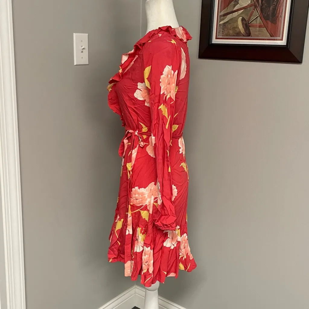 Billabong Beachy Pink Floral Ruffly Wrap Dress coral size Small vacation beach - Image 3