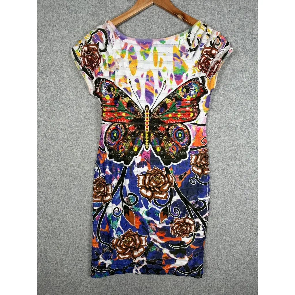 Moa Moa Womens Small Dress Butterfly Short Sleeve Y2K Multicolor Stretch Art - Image 9