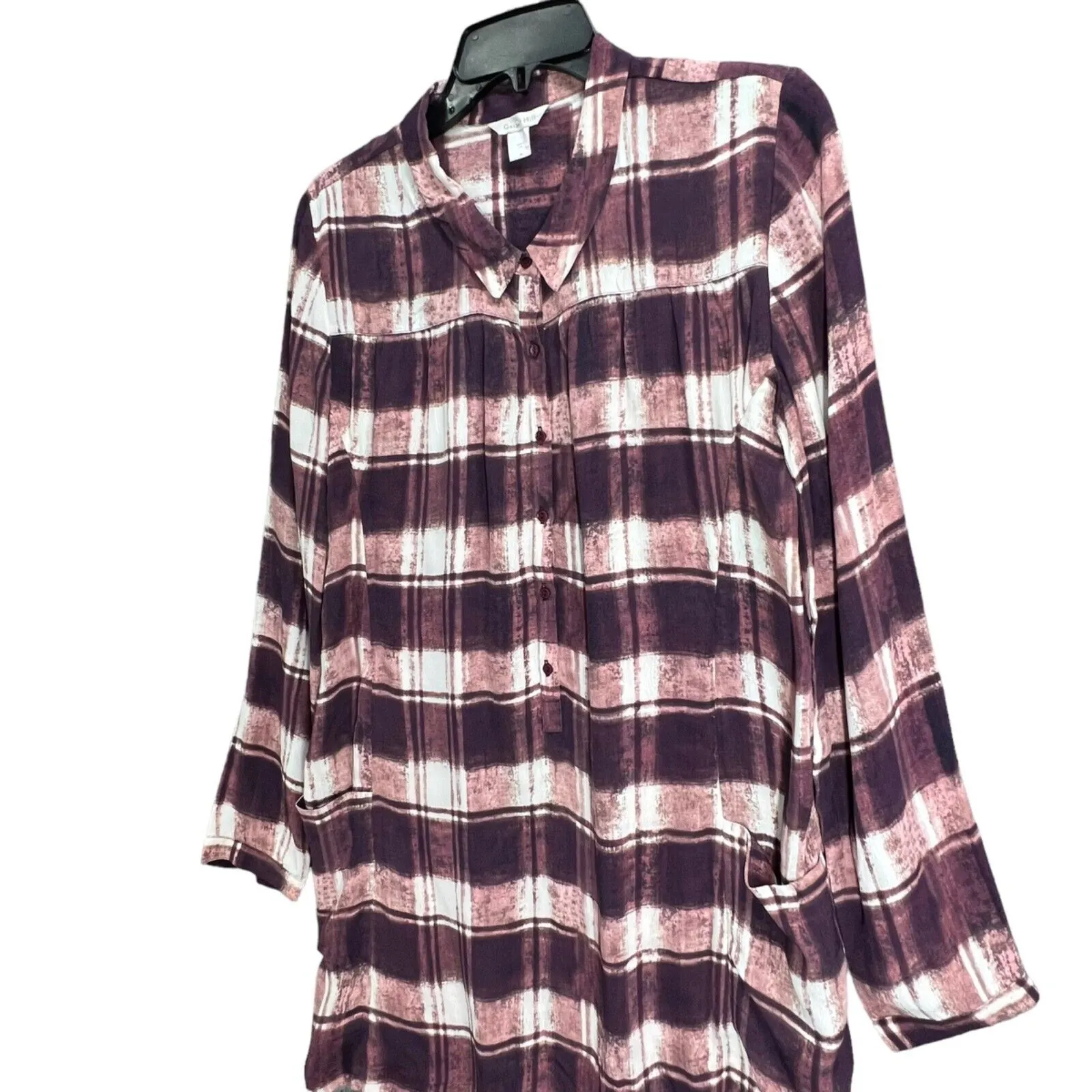 Garnet Hill Tunic Top Women 6 Purple Plaid Crepe Popover Shirt Casual Cottage - Image 3