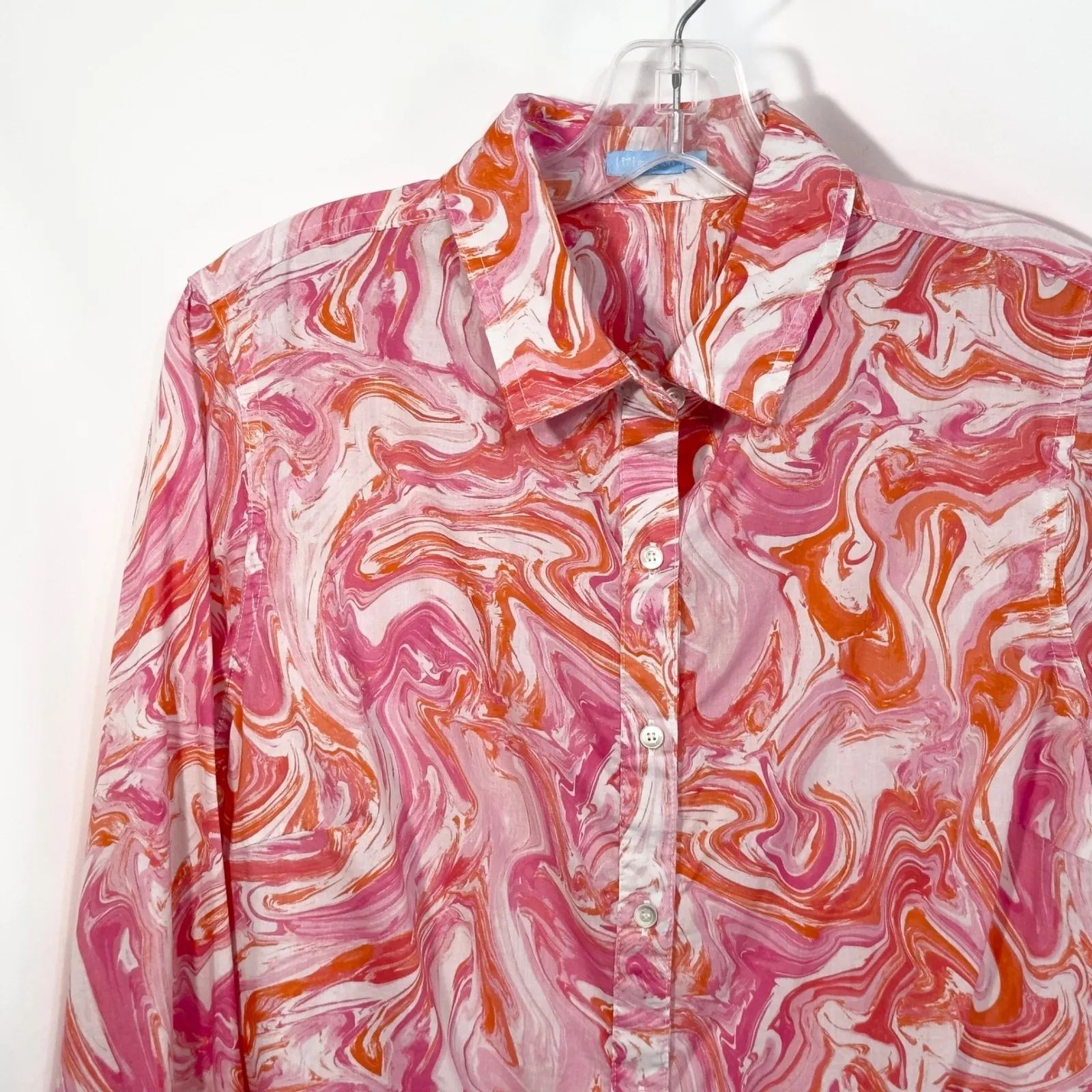 J.McLaughlin Medium Top Button Up Shirt Swirl Print‎ Long Sleeve Cotton Pink 148 - Image 4