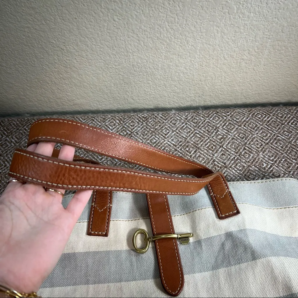 Fossil Rachel Blue Gray /Cream Coated Canvas KEY Leather Shoulder Tote Bag - Image 7