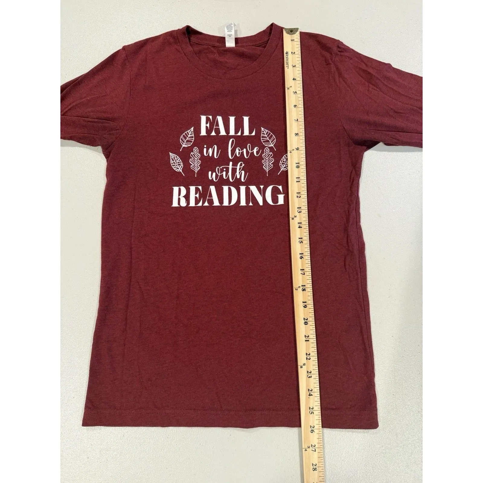"Fall In Love Reading" Top Womens Small Burgundy Graphic Librarian Books Leaves Red - Image 4