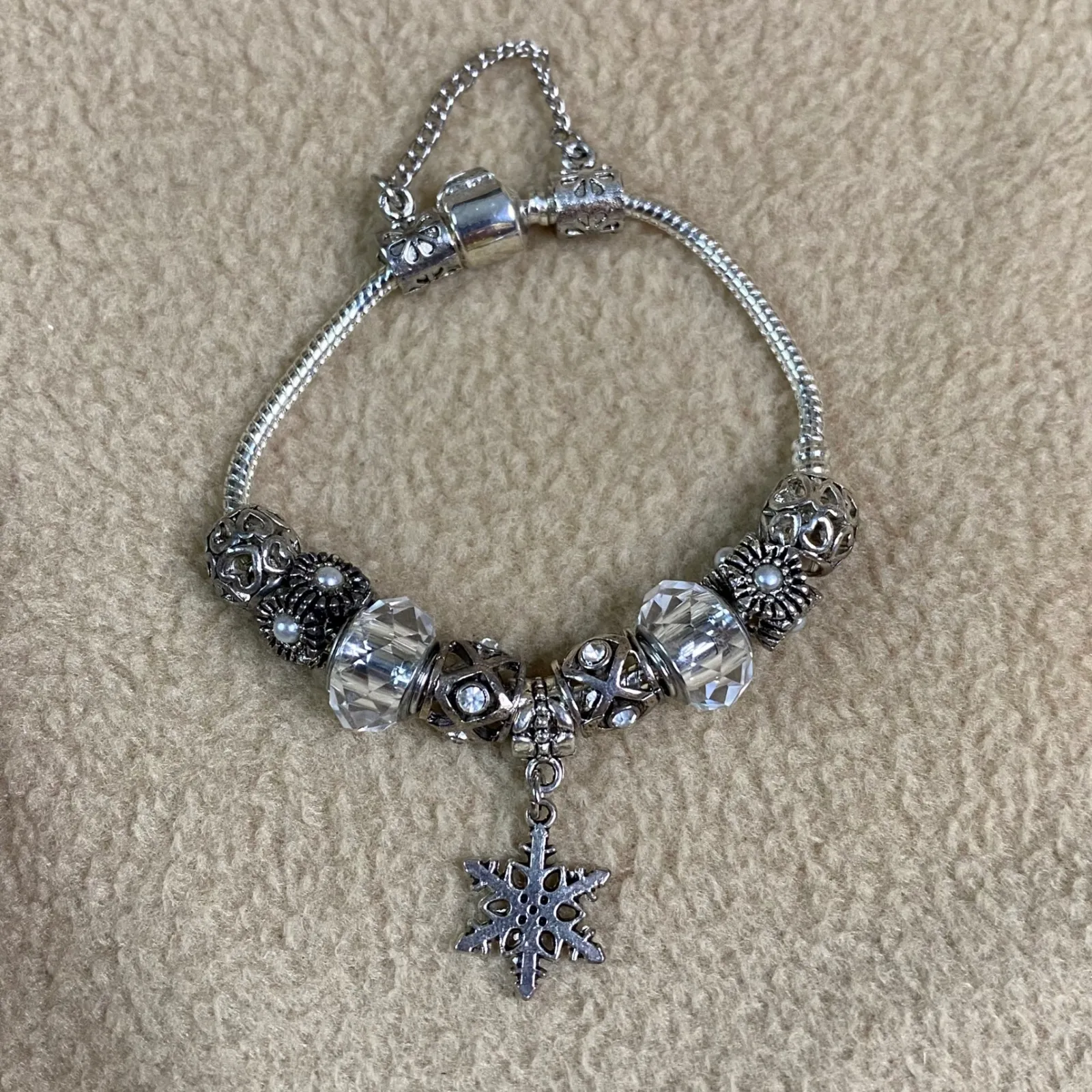 Sparkling Snowflake Charm Bracelet Silvertone Crystal Beads Winter Jewelry 7.5in Silver - Image 2