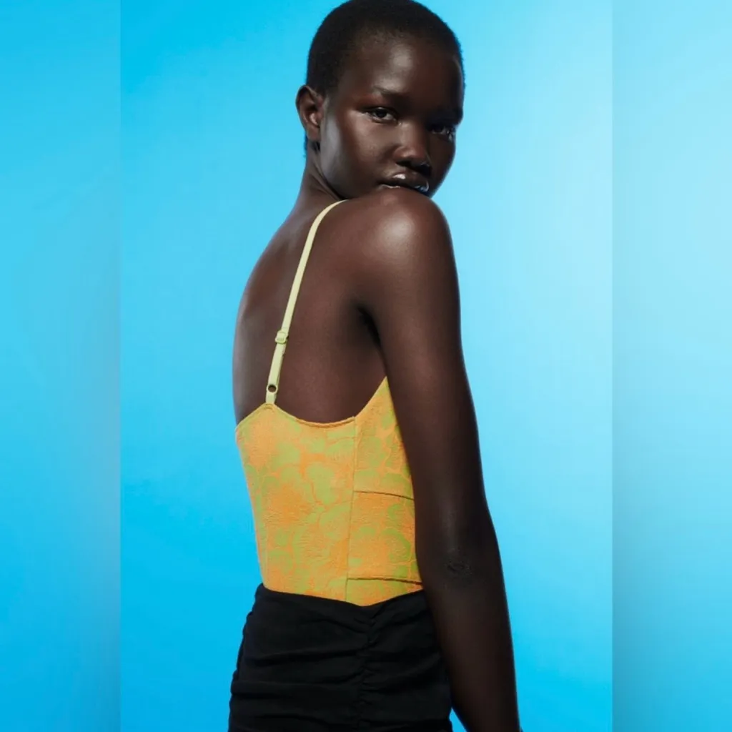 ZARA Cut Out Peek-a-Boo Floral‎ Jacquard Bodysuit Top Orange & Green Size Medium - Image 3